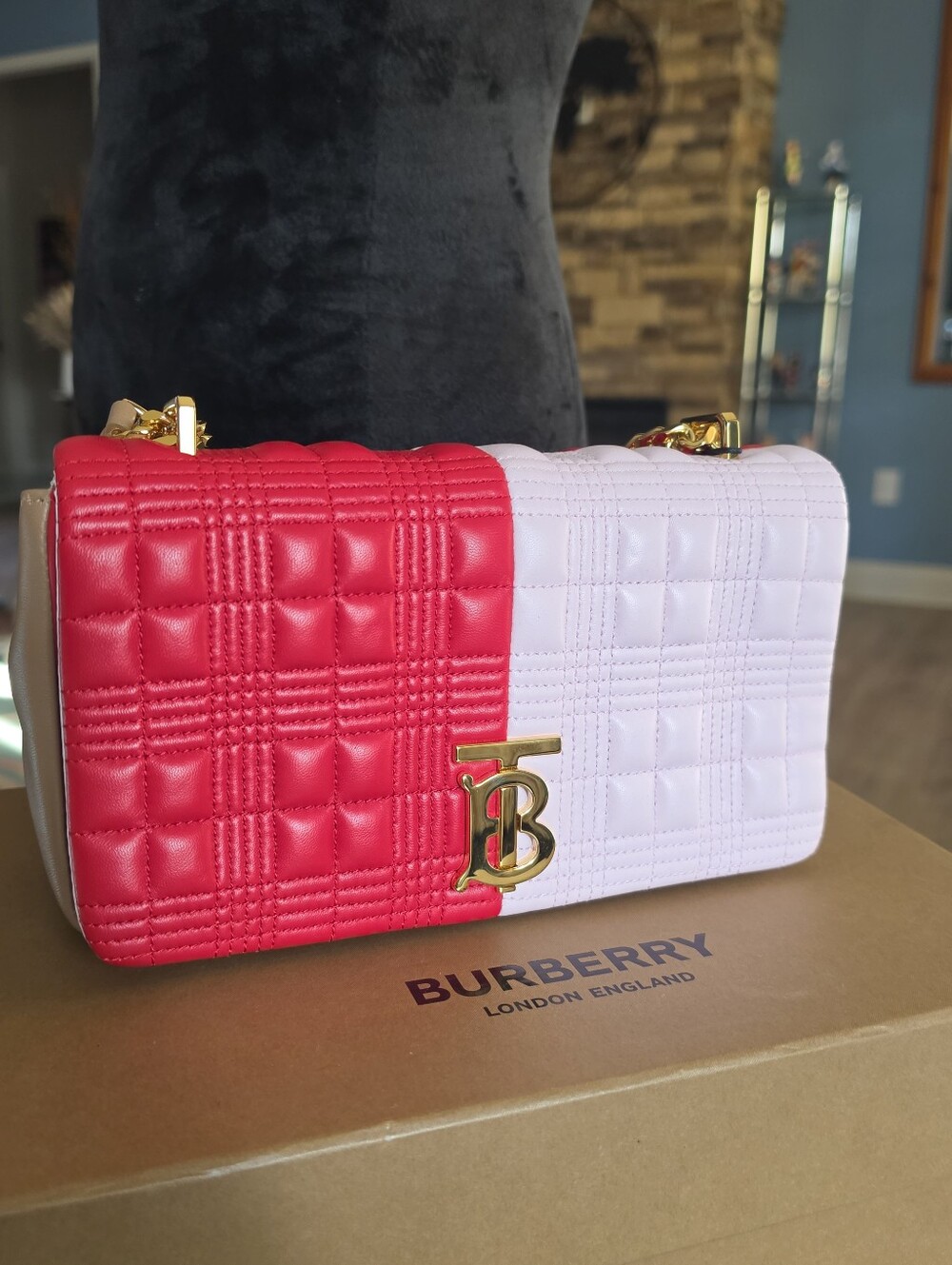 Burberry Colorblock Quilted Leather Shoulder Bag in Red & Whiteand Brown